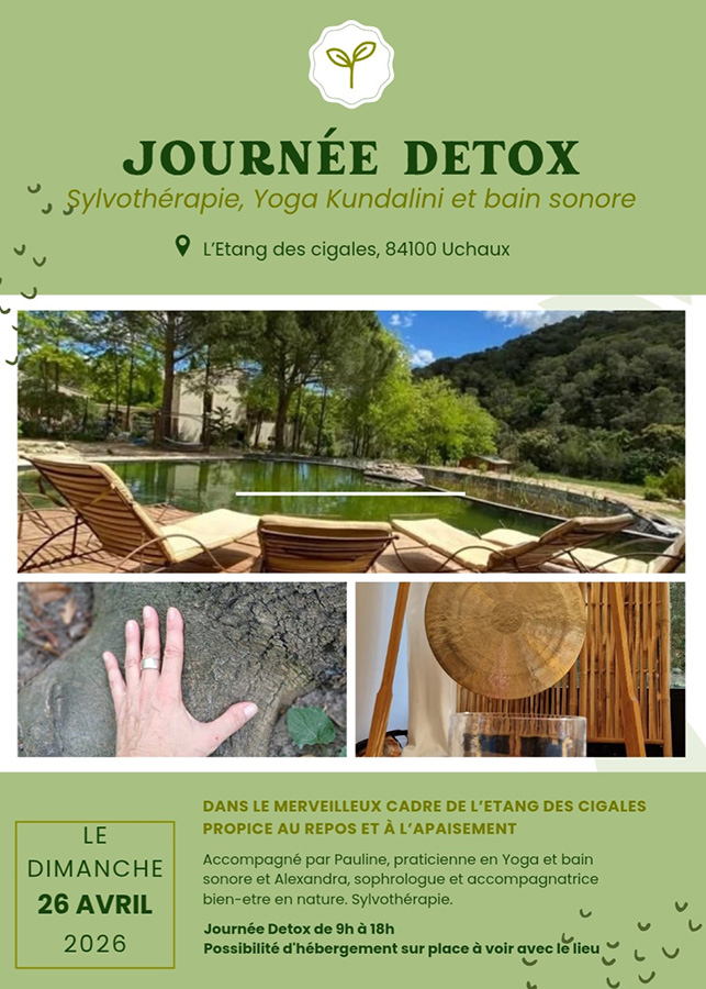 Pratique de yoga Kundalini, Sylvothérapie et bain sonore pendant une journée bien-être à Uchaux